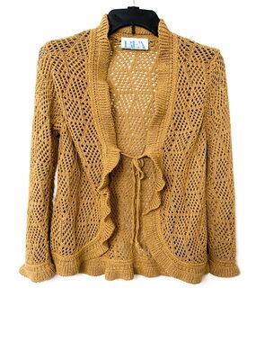 BFA Classic Tan Open Knit Tie Front Cardigan Petite Small Boho Feminine.